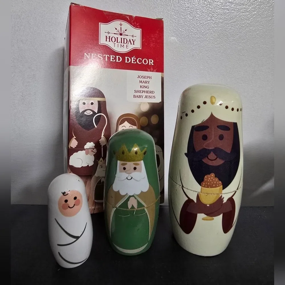 Wooden Christmas Nativity Nesting Dolls, 5 Pieces, 6.75